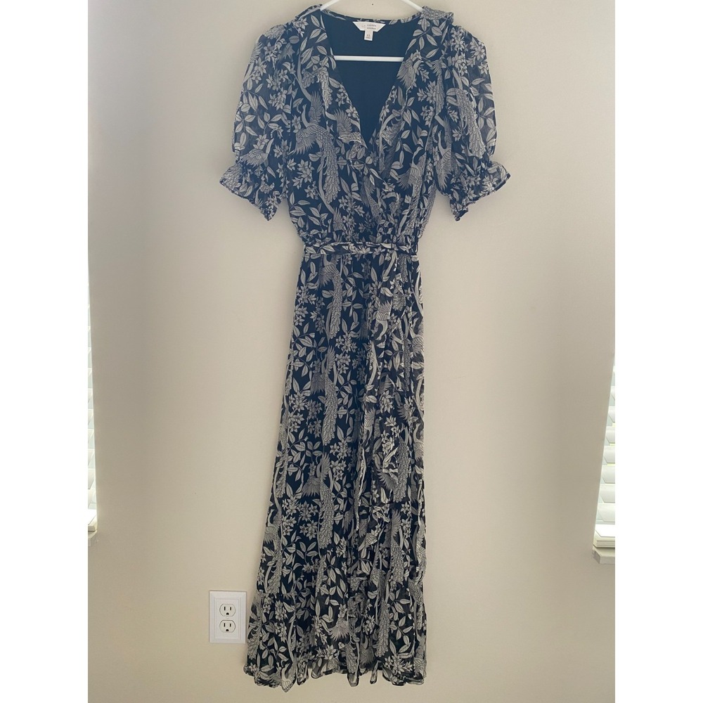 LC Lauren Conrad Crane Print Midi Dress XS Black White Wrap Tie Waist Spring
